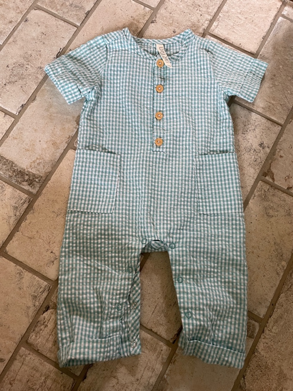 Light Aqua Gingham Baby Romper with Buttons